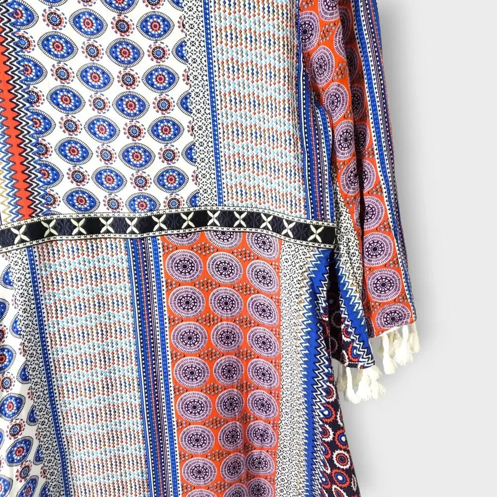 Valija Medallion Print‎ Patchwork Flare Sleeve Mini Dress Medium Multicolor Boho